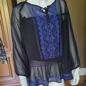 Chic Sheer Black Blouse with Blue Embroidery